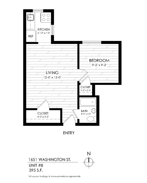 A black and white image of a floor plan for a unit at 1651 Washington St.